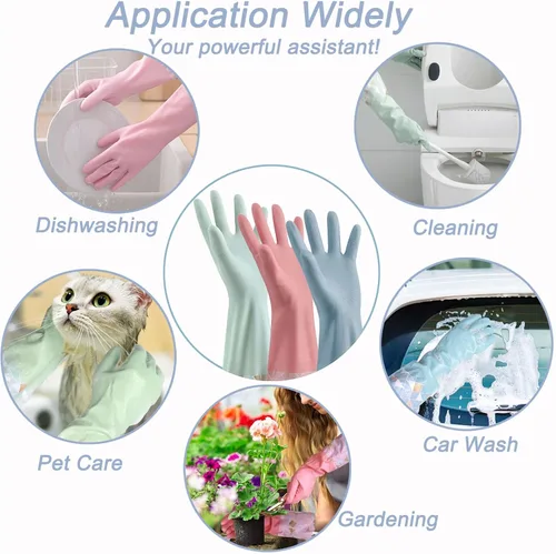 Vista 7 de 3 guantes de limpieza para lavavajillas con forro flocado de algodón, reutilizables, sin látex, impermeables, guantes de cocina para lavandería