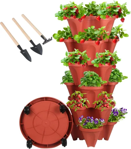 Vista 21 de GameXcel Torre de maceta vertical, macetas apilables de 3 niveles con ruedas y herramientas de jardín, macetas para plantas de fresa, hierbas