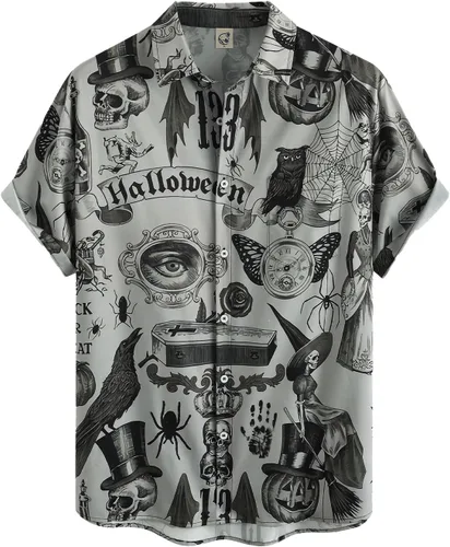 Vista 49 de Camisa de Halloween para Hombre de Hardaddy, de Manga Corta, con Botón, con Estampado Gracioso, Camisa Casual Negro