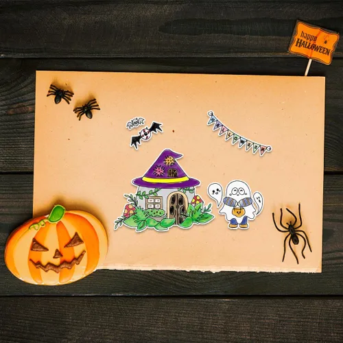 Vista 3 de Troqueles de corte de Halloween y sellos transparentes para Halloween, dibujos animados, bruja, fantasma, gatos, sellos y troqueles para hacer