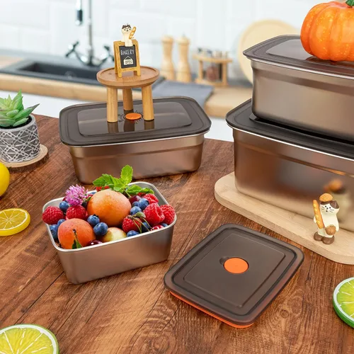 Vista 6 de 4 recipientes de almacenamiento de alimentos de acero inoxidable (50 onzas + 20 onzas) con tapas, a prueba de fugas y herméticos, recipientes
