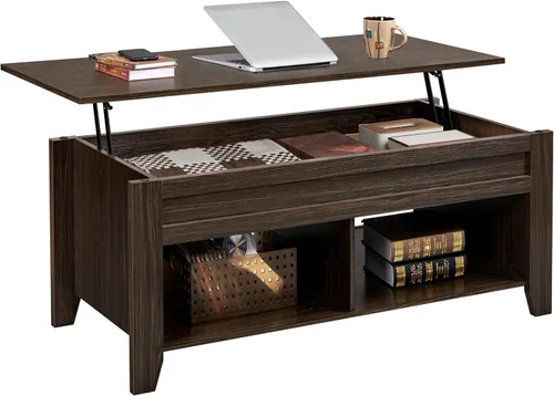 Vista 10 de Yaheetech Mesa de centro de madera negra elevable, con almacenamiento oculto y 2 estantes abiertos para sala de estar, recepción, oficina, 39.5