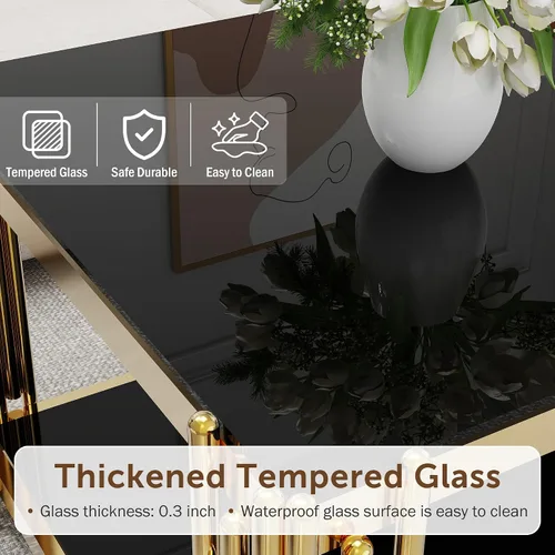 Vista 4 de Mesa de centro de cristal negro de 43 pulgadas, mesa moderna para sala de estar, acero inoxidable dorado, patas de metal, rectangular, de vidrio