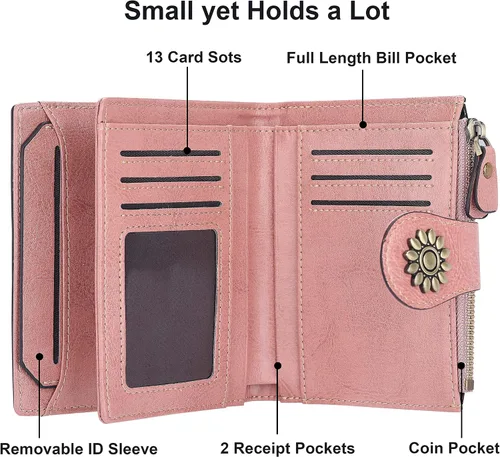 Vista 4 de Lavemi Cartera de cuero para mujer, pequeña, compacta, con bloqueo RFID, con bolsillo con cremallera