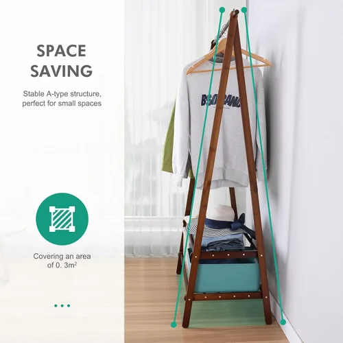 Vista 7 de Jotsport Perchero de bambú plegable para colgar ropa con estante de almacenamiento de 2 niveles para lavandería, habitación de invitados