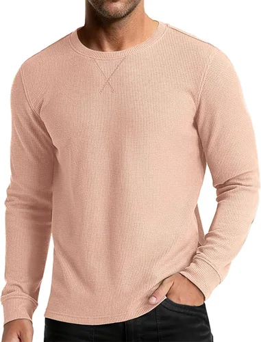 Vista 10 de Camiseta de punto gofre para hombre, camiseta casual de manga larga con cuello redondo, ropa de verano para hombre, camisa clásica básica sólida