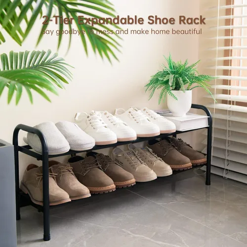 Vista 2 de Gonfoam Zapatero expandible de 2 niveles, estante ajustable para zapatos, organizador de almacenamiento de metal resistente, zapatero de pie