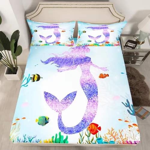 Vista 2 de Erosebridal Juego de sábanas de cola de sirena, tamaño individual para niños pequeños, sábana bajera ajustable de animales marinos náuticos