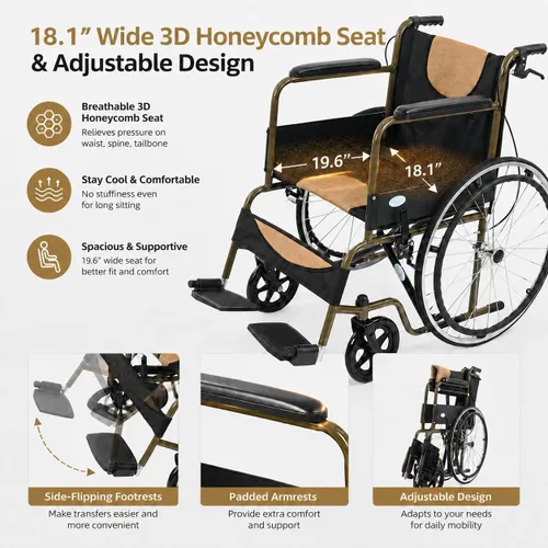 Vista 4 de Silla de ruedas plegable ligera para adultos, silla de ruedas autopropulsada de 24 pulgadas para adultos con frenos de mano duales, silla de ruedas