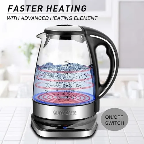 Vista 4 de QUEENSENSE - Teteras eléctricas de vidrio para agua caliente con luz LED azul de 1,7 L