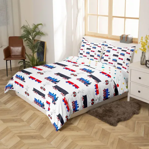 Vista 6 de Erosebridal Juego de funda de edredón de tren de dibujos animados para niños, color rojo y azul, funda de edredón de vehículos para niños