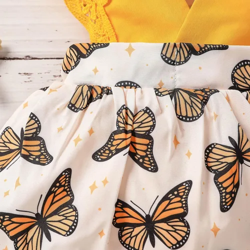 Vista 6 de Mameluco con estampado de manga mosca de encaje para niñas recién nacidas, conjunto de diadema para baile 2t (amarillo, 0-3 meses)