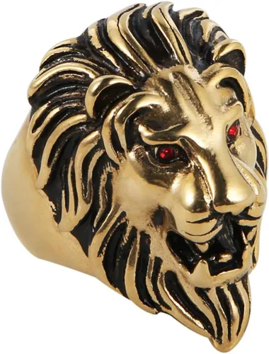 Vista 2 de HZMAN Anillo vintage de acero inoxidable 316L para hombre, diseño de león, ojos rojos, metal pesado, rock, estilo punk, gótico, plateado, dorado