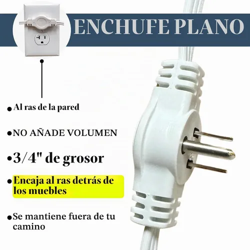 Vista 5 de W4W, Regleta de alimentación con cable de extensión doble - Cable de 12 pies - 6 pies en cada lado - Enchufe de cabeza plana (abraza la pared) - 6