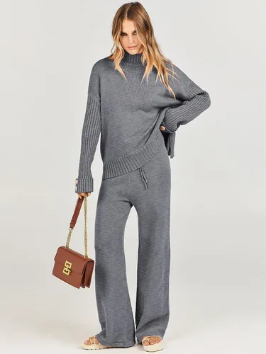 Vista 3 de ANRABESS Conjunto de 2 piezas para mujer, suéter de punto de manga larga, pantalón de pierna ancha, ropa de descanso, moda 2024