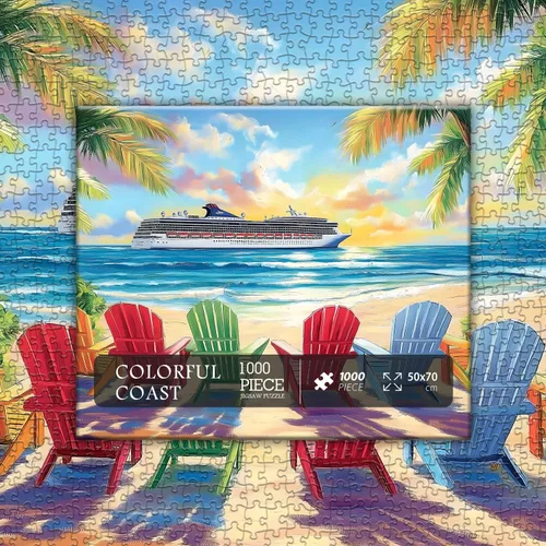 Vista 7 de PICKFORU Rompecabezas de playa para adultos de 1000 piezas, rompecabezas de verano con silla lounge de playa arcoíris, rompecabezas colorido