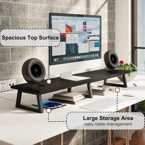 Vista 3 de TEAMIX Soporte elevador de monitor dual de 42 pulgadas en negro, soporte largo de monitor de madera y acero para 2 monitores con almacenamiento