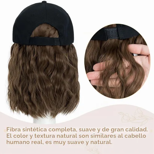Vista 3 de S-noilite Peluca de gorra de béisbol con extensiones de cabello, 8 pulgadas, corta, rizada, ondulada, estilo Bob, peinado, ajustable, con cabello