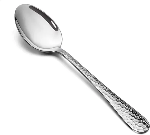 Vista 8 de E-far - Juego de 6 cucharaditas martilladas de acero inoxidable moderno, cubiertos de postre para el hogar, cocina, restaurante, borde redondo