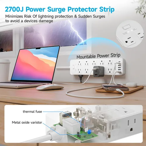 Vista 7 de Regleta de alimentación con enchufe plano, protector contra sobretensiones con 20 tomas de corriente AC y 6 puertos USB de carga, 1875 W/15 A, 2700