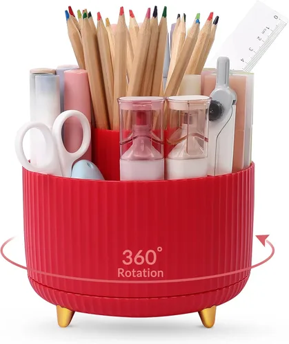 Vista 24 de SKYDUE Organizador de escritorio giratorio de 360 grados, soporte para lápices y bolígrafos de doble propósito, organizador de bolígrafos