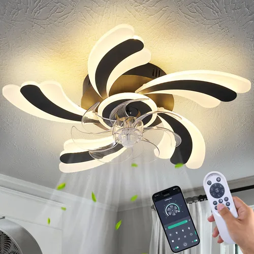 Vista 18 de Ventilador de techo de perfil bajo con control remoto y aplicación, motor silencioso y luz LED regulable, ventilador de techo de montaje empotrado