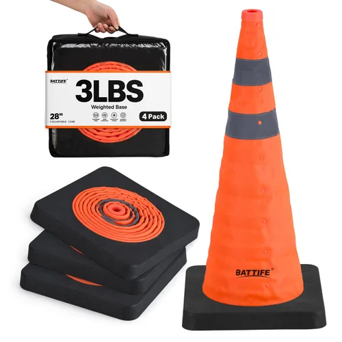 Vista 20 de BATTIFE [1 Paquete] Conos azules plegables de seguridad de tráfico de 28 pulgadas con base negra pesada, conos emergentes multiusos con collar