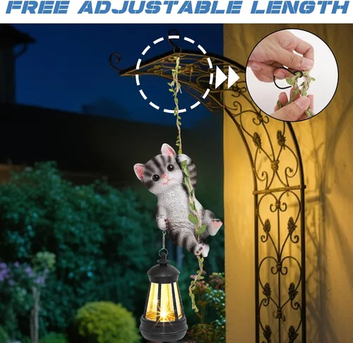 Vista 5 de Estatua de gato colgante solar, figura de gato negro de resina para exteriores con luces LED, adorno de gatito para jardín, valla, porche, patio