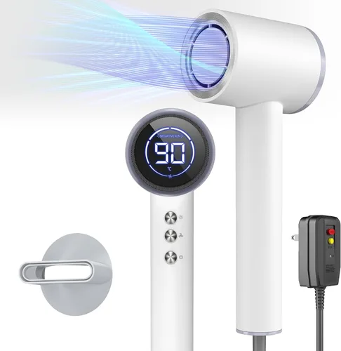 Vista 7 de Secador de pelo de alta velocidad de 110,000 RPM para secado rápido, secador de pelo iónico con difusor, boquilla magnética y pantalla LED, secador
