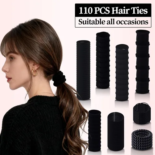 Vista 2 de 110 ligas negras para el cabello de varios estilos para mujeres, ligas elásticas para el cabello sin daños, soporte para cola de caballo