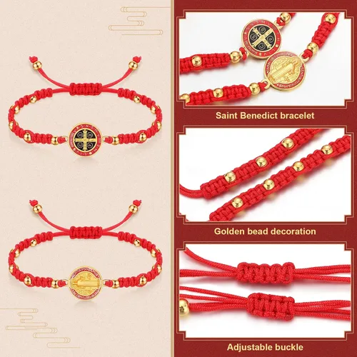 Vista 3 de 12 pulseras de San Benito hechas a mano con cordón rojo pulseras de rosario ajustables regalo de suerte para mujeres hombres niños y niñas Metal
