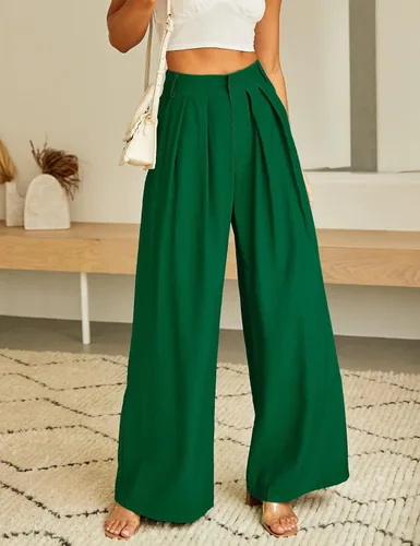 Vista 4 de Pantalones palazzo de cintura alta para mujer, estilo casual, pierna ancha, pantalones de vestir para mujer, pantalones de trabajo con bolsillos