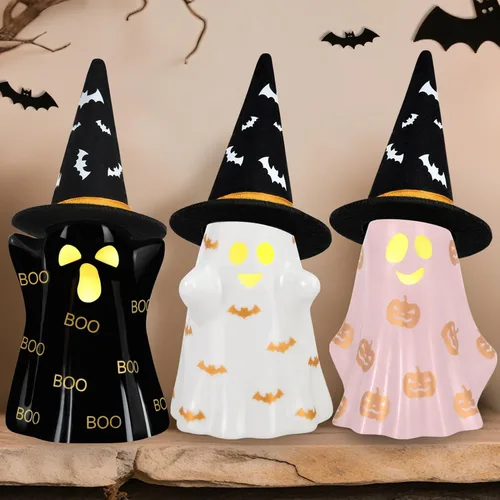 Vista 8 de Decoraciones de Halloween para interiores, juego de 3 fantasmas de cerámica de Halloween con sombreros de bruja, bonita decoración espeluznante