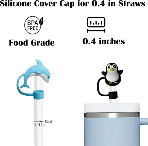 Vista 5 de 6 fundas de paja de animales marinos para copa Stanley, 0.394 in, 0.4 pulgadas, silicona para copas Stanley de 30 y 40 onzas, tapas reutilizables a