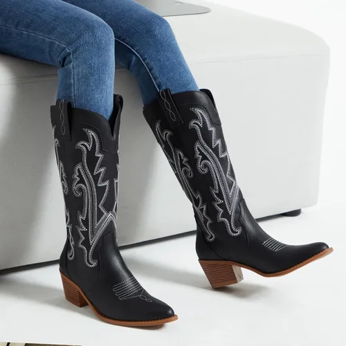 Vista 3 de Athlefit Botas vaqueras para mujer, botas vaqueras occidentales, a la moda, bordadas, punta puntiaguda, tacón grueso, botas de media pantorrilla