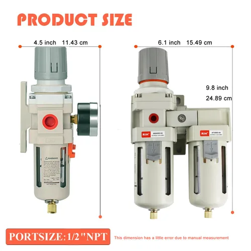 Vista 2 de RIH Sistema de secado de aire - Filtros de aire dobles NPT de 1/2 pulgada, filtro de partículas de 5 micras y regulador de presión de aire, calibre
