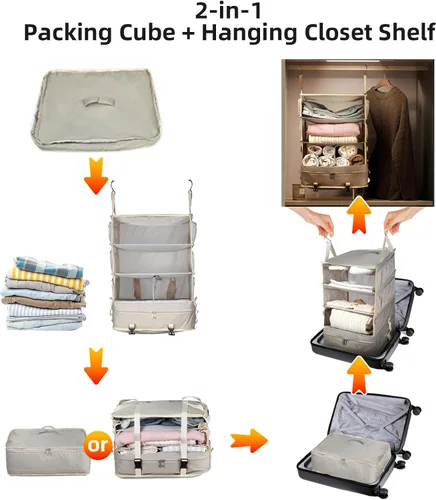 Vista 2 de Bukere Cubo de embalaje colgante para viajes, estantes portátiles, bolsa organizadora para maleta de equipaje, artículos esenciales de viaje