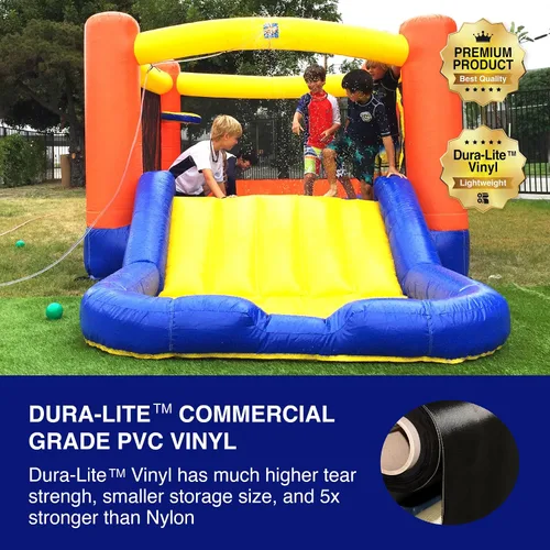 Vista 3 de JumpOrange Tobogán acuático naranja pequeño con piscina para niños pequeños y niños pequeños (con soplador), salto y tobogán, aro de baloncesto