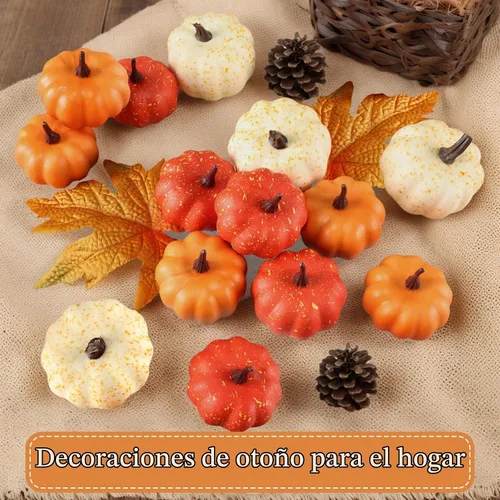 Vista 7 de LZNPA Juego de 16 mini calabazas artificiales artificiales con hojas de otoño, espuma de plástico tallable, pequeñas calabazas blancas