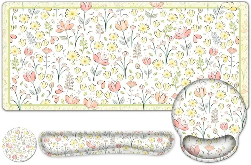 Vista 18 de Alfombrilla de mouse con estética natural de flores, XXL gran alfombrilla de escritorio extendida para la lectura, 4 piezas de base de goma