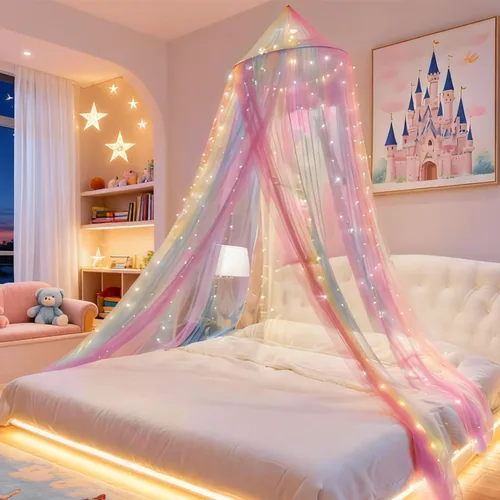 Vista 7 de Dosel de Cama Arcoíris para Niñas Red Mosquitera, Instalación Fácil Dosel de Princesa para Decoración de Dormitorio de Niños