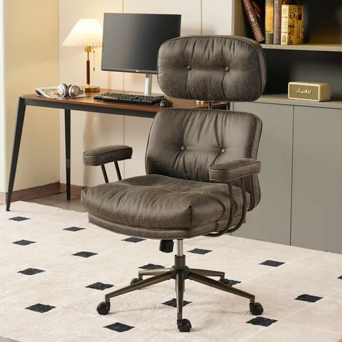 Vista 9 de Silla de oficina ergonómica para grandes y altos, silla ejecutiva moderna de mediados de siglo con soporte lumbar, respaldo alto, cojín grueso, piel