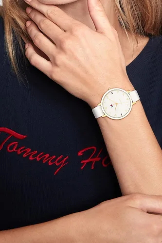 Vista 4 de Tommy Hilfiger Reloj de cuarzo de acero inoxidable y correa de cuero para mujer, color blanco (modelo 1782582), Blanco