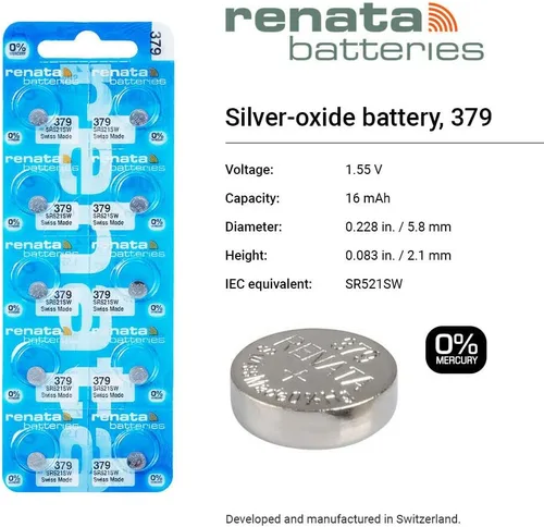 Vista 2 de Renata 379 SR521SW Baterías – 1.55 V Óxido de Plata 379 Batería de Reloj (2 unidades)