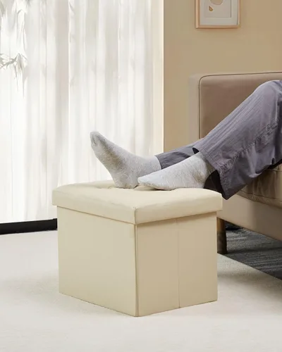 Vista 2 de Bsketa Otomana de Almacenamiento, Taburete Plegable con Asiento Acolchado de Espuma Más Gruesa, Otomana Pequeña de Cuero para Almacenamiento, Banco