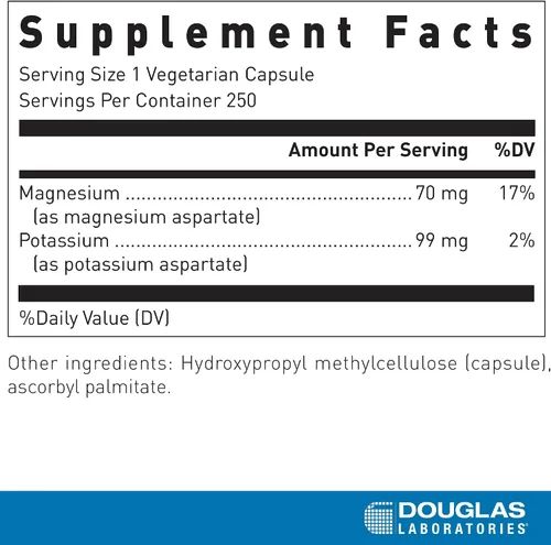 Vista 2 de Douglas Laboratories Aspartato de Magnesio/Potasio 250 Cápsulas Vegetarianas