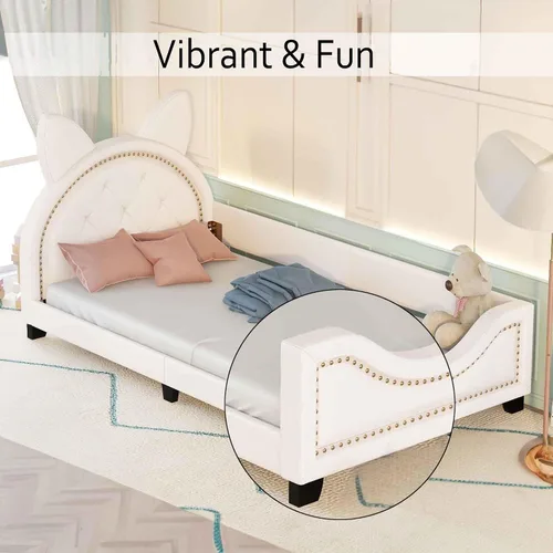 Vista 4 de Sofá cama con cabecero, cámaras en forma de conejo, marco de cama de madera con plataforma individual para niñas y niños, bonito sofá cama tapizado