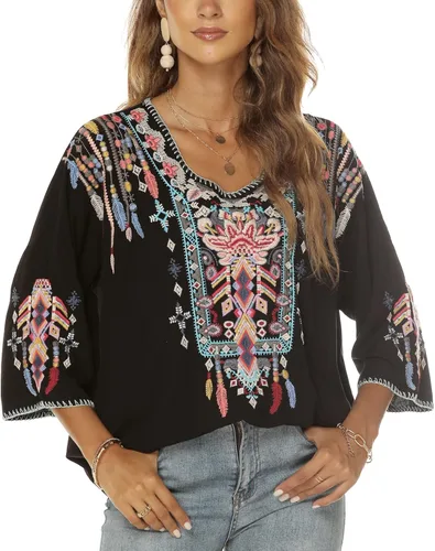 Vista 4 de Vakakado Blusas bordadas mexicanas bohemias para mujer, camisas tradicionales bohemias campesinas de manga 34, ropa hippie, blusa tipo túnica