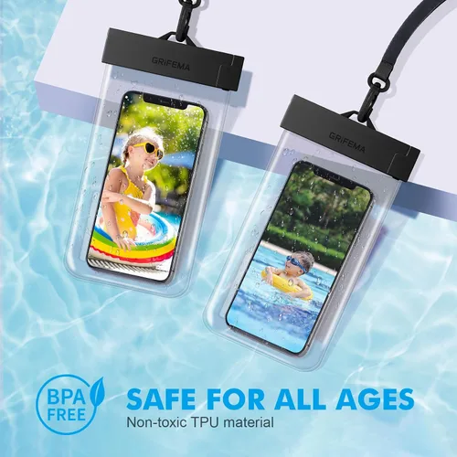 Vista 3 de GRIFEMA Funda impermeable para teléfono, paquete de 2 fundas impermeables para teléfono IPX8, transparente, para pantalla de natación, bolsa