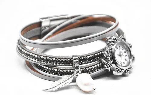 Vista 2 de MINILUJIA Reloj de cuero para mujer, estilo vintage, casual, con plumas, perlas, árbol de deseos, envolvente, con cierre magnético